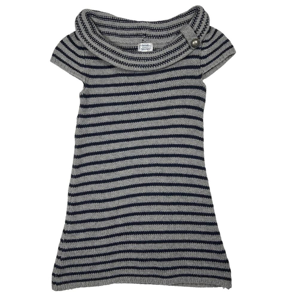 Kaisely Sweater Dress Sz SM Gray and Navy Stripe Cap Sleeve Lambswool Angora